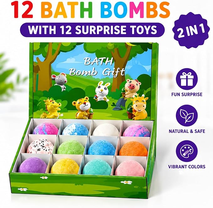 Bath Bombs for Kids with Surprise Animal Toys Inside Gift Set | 12 Pack Kids Bath Bombs with Toys Inside, Kid Bubble Bath Fizzy for Girls Boys with Bath Toys Birthday Gifts