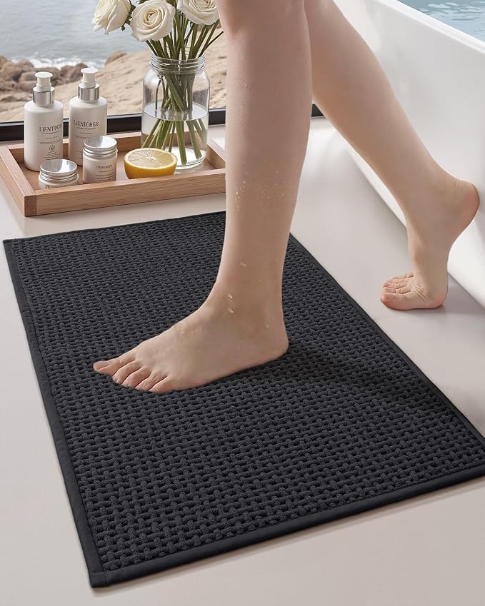 Color&Geometry Rubber Backed Waffle Bath Mat 30x17, Non Slip Water Washable Bathroom Rugs, Soft Absorbent Chenille Boho Carpet for Bathroom Floor, Tub and Shower, Black