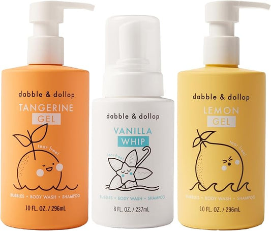 Dabble & Dollop Sunshine Kids 3-in-1 Body Wash, Shampoo & Bubble Bath Variety Set – Tangerine, Lemon & Vanilla, Tear-Free, Gentle, Hypoallergenic and Safe for Sensitive Skin (Pack of 3)