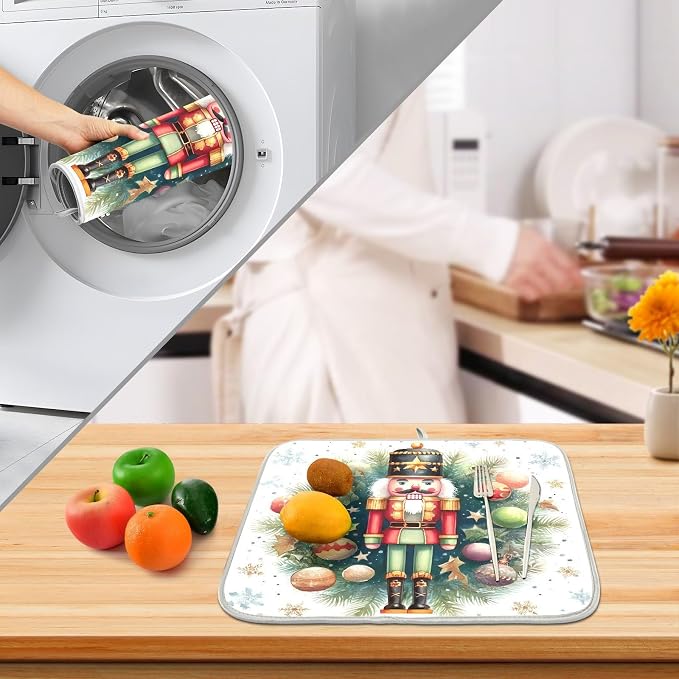 Watercolor Nutcracker Dish Drying Mat, Absorbent Drainer Mats for Kitchen Counter Coffee Maker 24"x18"