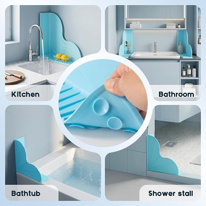 Shower Splash Guard for Bathtub 2 Packs, Silicone Bathtub Water Guard Kit, Waterproof Bath Tub Water Blocker, Shower Corner Guards to Keep Water in Shower or Bath - Blue