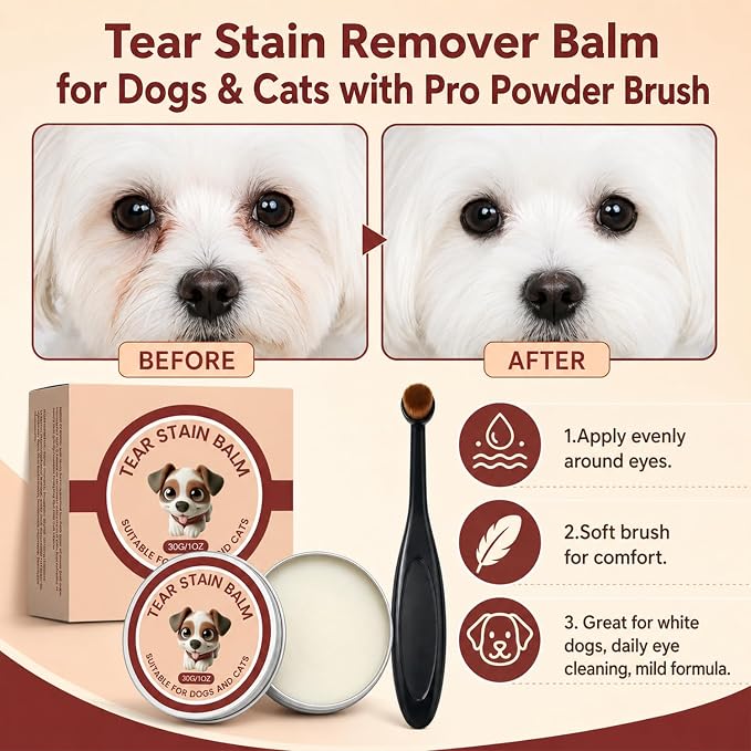 2Pcs Tear Stain Remover Balm for Dogs & Cats with Pro Powder Brush, Gently Removes Eye Gunk & Stains – Great for White Dogs, Daily Eye Cleaning, Mild Formula