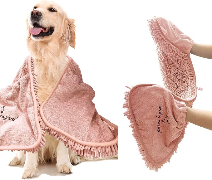 Patas Lague Absorbent Dog Towel for Drying Dogs Large, 35''x15'' Extra Large Microfiber Quick Drying Pet Bath Towel with Hand Pockets, Machine Washable Pet Shammy Pink