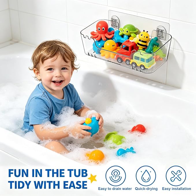 3 Pack Bath Toy Storage Organizer, Transparent Bathtub Toy Holder with Drain Holes, Durable Plastic Quick-Dry Shower Caddy for Bathroom, Easy to Clean