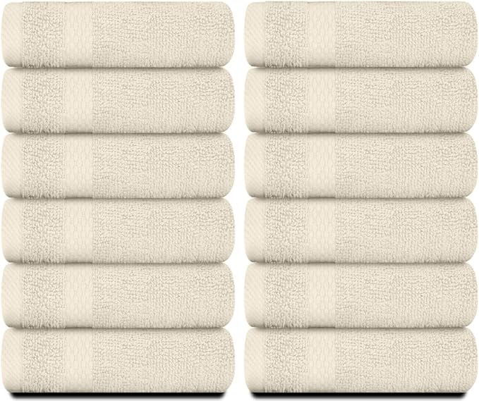 White Classic Luxury Cotton Washcloths 13x13 Inch - 650 GSM Turkish Cotton | Hotel, Spa, Bathroom Face Towel | 12 Pack, Ivory
