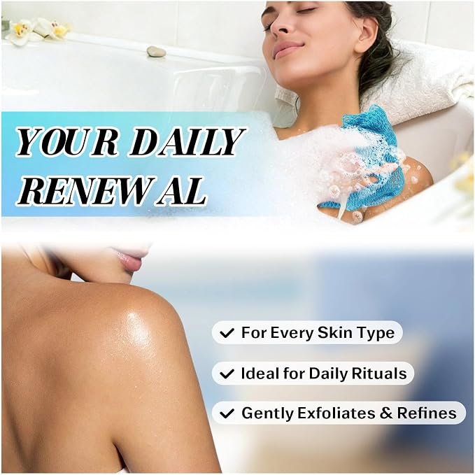 African Net Sponge Exfoliating Glove for Body and Face, Double Knotted Bath Sponge for Deep Cleansing and Gentle Exfoliation, Reusable and Quick-Dry （ Blue ）