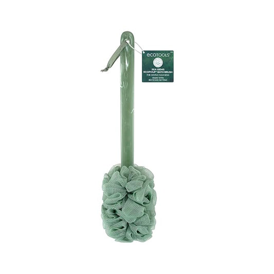 EcoTools Sea Gems EcoPouf Bath Brush, Gentle Exfoliating Body Scrubber for Shower Cleansing & Smoothing, Recycled Netting Loofah with Long Handle, Vegan & Cruelty-Free, 1 Count
