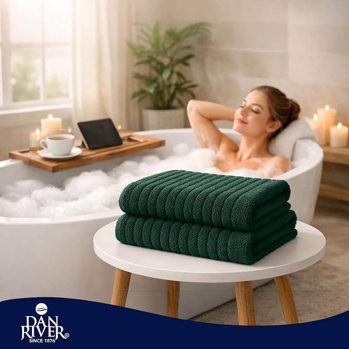 DAN RIVER Pack of 2 Bath Sheet 35x70 Inches, Ribbed Oversized Bath Towels Extra Large, Organic Cotton Towels for Bathroom - Hunter Green