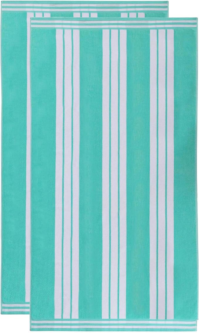 Superior Oversized Cotton Beach Towel Set of 2, Absorbent Towels for Bathroom, Pool, Swim, Adults, Kids, Vacation, Travel, Bath Sheet, Quick Dry Basics, Trip Essentials, Striped Decor, Mint