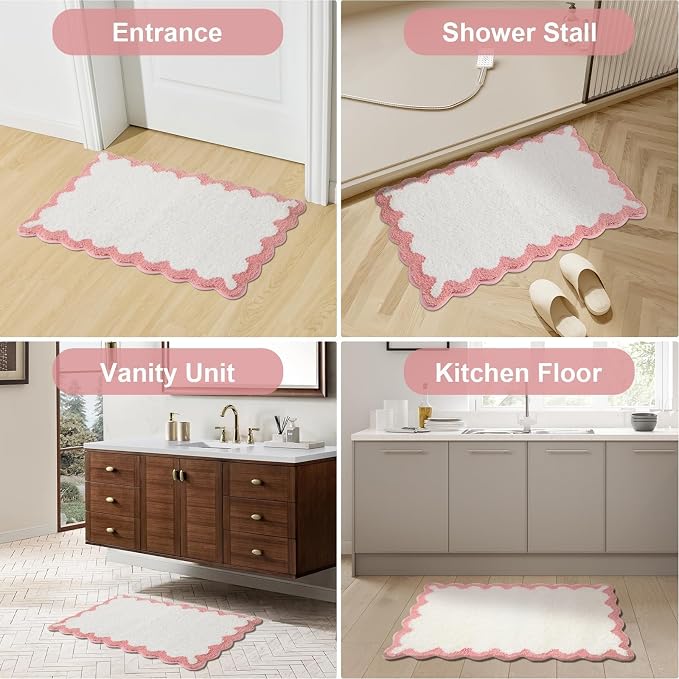 ORTIGIA Scalloped Pink Bathroom Rugs Non Slip Washable, Quick Dry Absorbent Soft Plush Microfiber Bath Mats, Bath Rugs for Bathroom Floor Carpet for Sink Bedroom, Pink and White, 20x32
