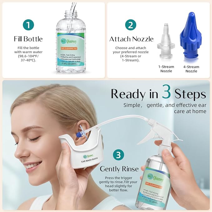 QISXROVY Ear Wax Removal Tool, Ear Cleaning Kits Safe Ear Irrigation Kit Ear Flush Kit for Adults Kid, Ear Wax Washer Device Easy to Operate, Includes Basin, Syringe, 5 Disposable Tips,Transparent