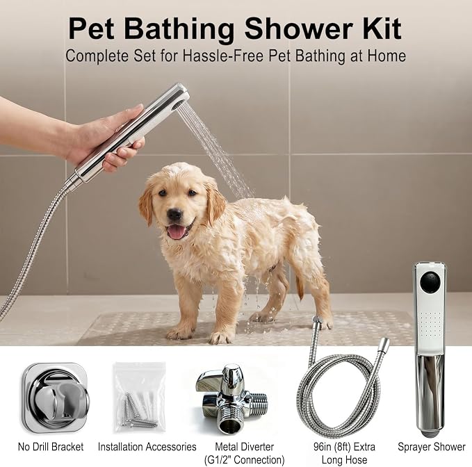 Dog Shower Attachment Kit with Handheld Sprayer – 8FT Flexible Stainless Steel Hose +Shower Arm Diverter – High Pressure Pet Bath Wand for Medium & Large Dogs, Long Thick Coat, Indoor All-Year Use