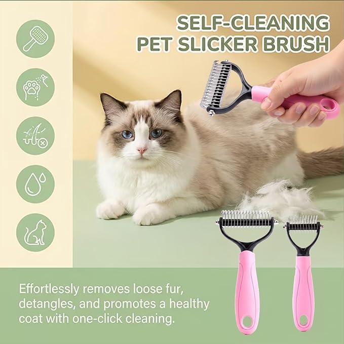 Double‑Sided Pet Grooming Brush, 2026 Upgraded Undercoat Rake for Long Haired Dogs & Cats, Multi‑Functional Dematting Comb Deshedding Tool, Mat Remover Detangler for Home Grooming (1, Pink L)