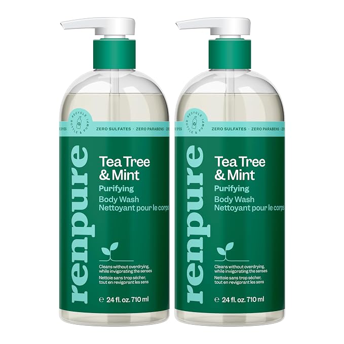 Renpure Tea Tree & Mint Body Wash - Cleanses, Invigorates & Refreshes Skin Without Over-Drying - For All Skin Types - Tea Tree Leaf Oil, Spearmint Leaf Oil - 24 Fl Oz each, 2 Pack