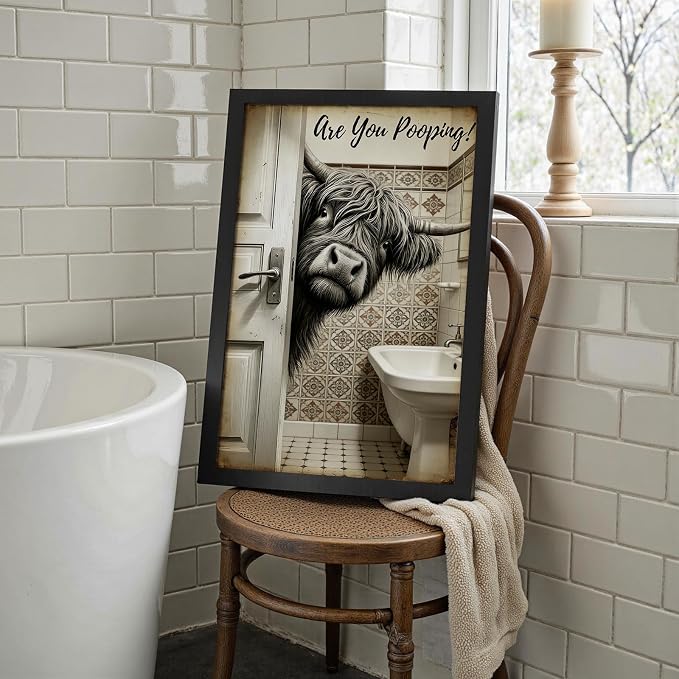 Funny Highland Cow Bathroom Wall Art Humorous Are You Pooping? Poster Vintage Farmhouse Restroom Print Aesthetic Wall Decor for Powder Room Apartment Family Bathroom 16X24 in Wrapped Framed