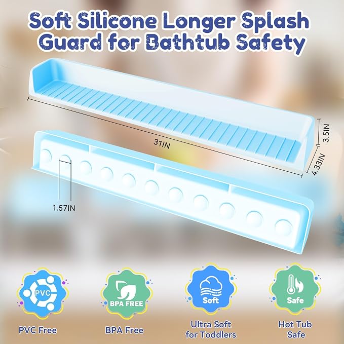 Splash Guard for Bathtub,Bathtub Organizer & Splash Guard,Safe Bathroom Waterproof Cover,Longer Silicone tub Waterproof cover-31.4in,Practical Bath Accessory(Blue)