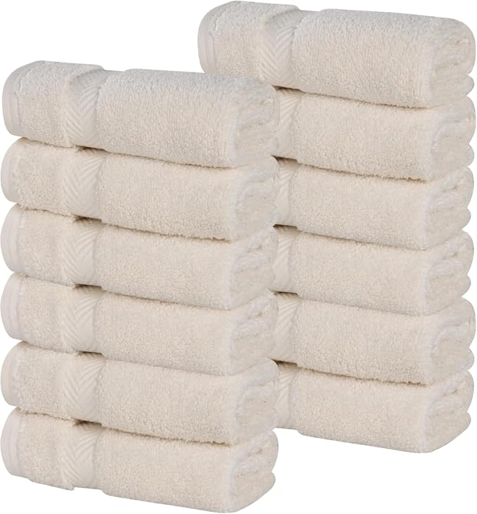 Superior Cotton Face Towel/Washcloth Set, Small Facial Towels, Spa, Hotel, Guest, Home, Bathroom Basics, Plush Soft Absorbent, Luxury Quick Drying, Zero Twist Collection, Set of 12, Ivory