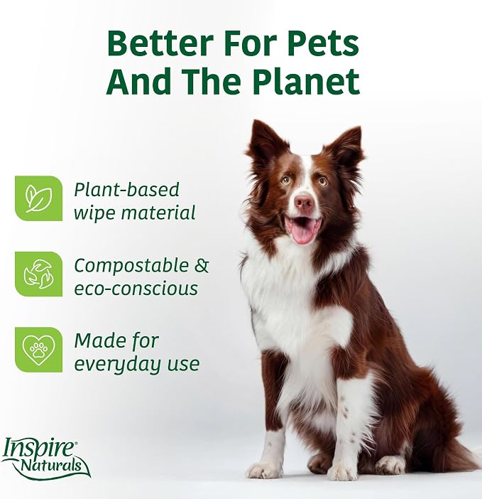 Inspire Naturals Pet Wipes for Dogs and Cats 100% Natural Plant Based with Organic Antioxidants, Dog Wipe Cleaning Deodorizing | Washcloths for Cats | Puppy Wipe for Paws and Butt (50ct - 1 Pack)