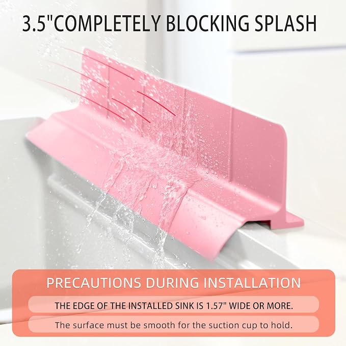 23" Ultra Silicone Sink Splash Guard Released in 2026,Self-Draining Water Splash Guard for Kitchen Sink,Bathroom and Island,with 3.5" High Splash Guard & 7 Strong Suction Cup (Pink)