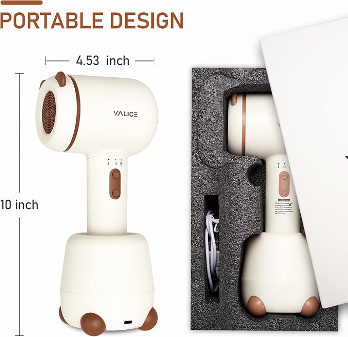 YALICE Cordless Hair Dryer for Baby and Kids, Portable Travel Blow Dryer with Gentle Airflow & Low Heat Ionic Care for Infant, 3 Speed Settings, Mini Rechargeable Hair Dryer with Charging Base, Khaki