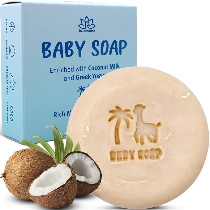 Set of 4 Organic Baby Soap Bars - Lavender-Chamomile, Goat Milk-Honey, Unscented, Greek Yogurt - Coconut Milk - All Natural Cold Process Soap Bars For Baby, Toddler, Kids - Safe for Sensitive Skin