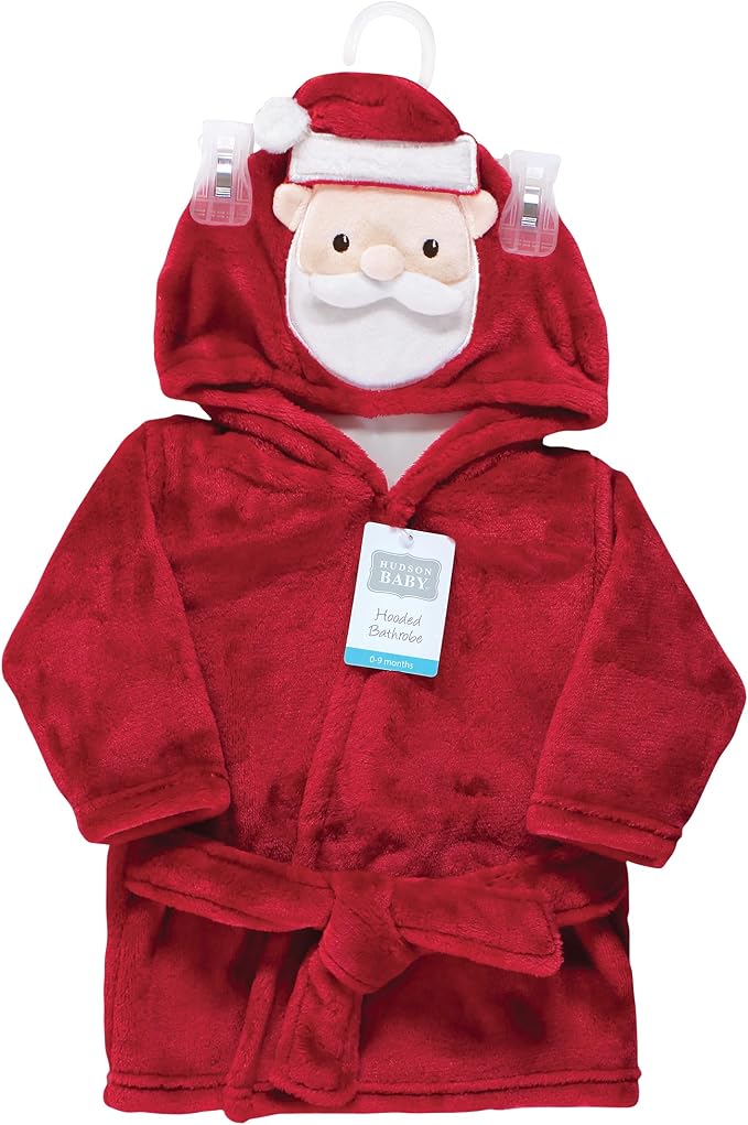 Hudson Baby Unisex Baby Plush Animal Face Bathrobe, Red Santa, 0-9 Months