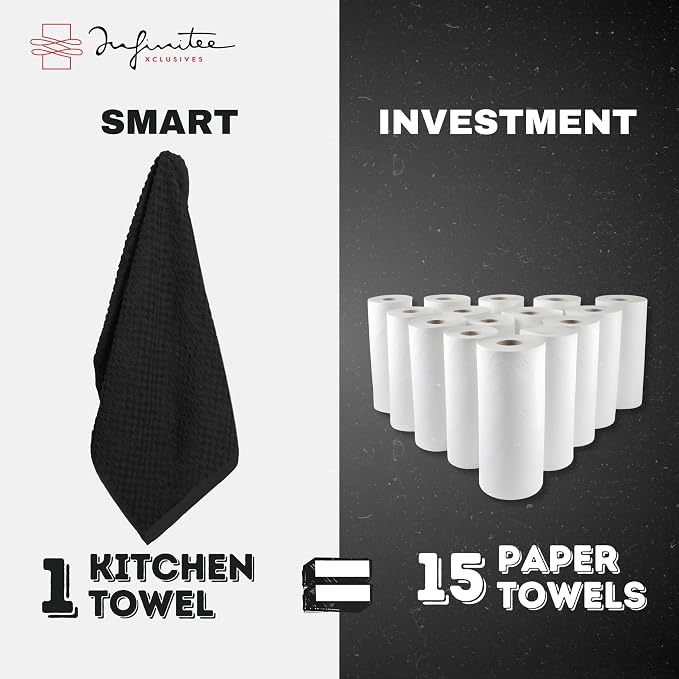 Infinitee Xclusives Premium Kitchen Towels – Pack of 3, 100% Cotton |15 x 25| Inches Absorbent Dish Towels - Terry Kitchen Dishcloth Towels - Black Dish Cloth for Household Cleaning