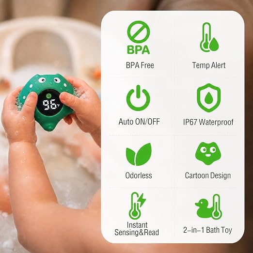 Baby Bath Thermometer, Manta Ray Won't Flip Over, 3-Icon Alert, Auto On/Off | Floating Digital Bathtub Water Thermometer for Newborn Infant Toddler, IP67 Waterproof, BPA-Free ABS, °F/°C, Battery Included