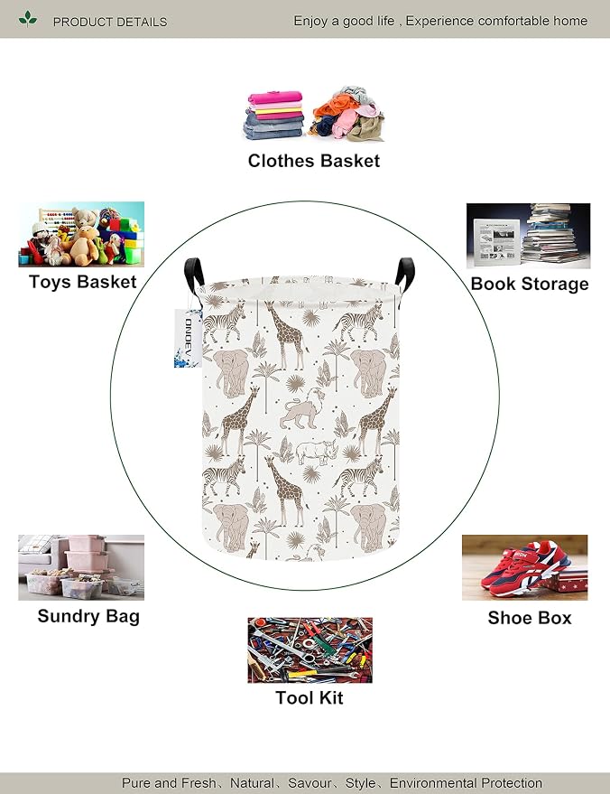 Collapsible Laundry Hamper,Waterproof Cotton Canvas Storage Basket with Reinforced Handles for Bedroom, Bathroom, Dorm & Home Organization (Round Animals)