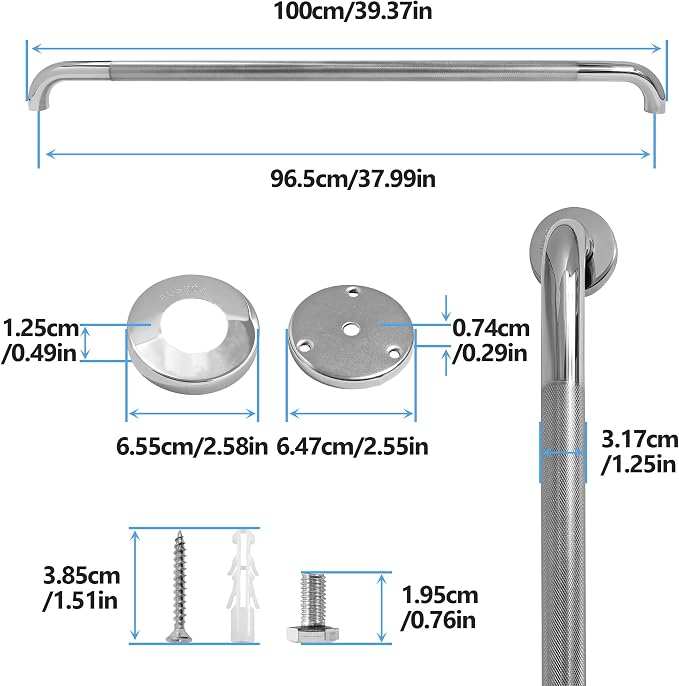 Shower Grab Bar, 2 Pack 39.4 Inch Bathroom Grab Bar, 1.25" Diameter 304 Stainless Steel Anti-Slip Grab Bars for Bathtubs and Showers, Handicap Shower Grab Bar for Seniors Elderly