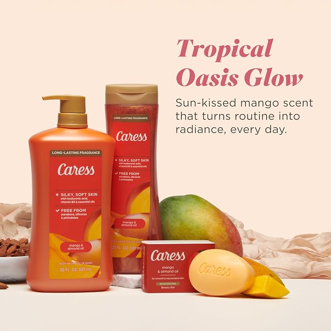 Caress Mango & Almond Oil Body Wash, 20 fl oz, 4 Pack | Hyaluronic Acid & Vitamin B3, Moisturized, Silky Soft Skin, Long-Lasting Tropical Fragrance