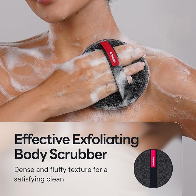 Caveem Round Exfoliating Body Scrubber, Shower Exfoliator Sponge, Body Scrub for Removing Dead Skin, Bath and Body Buffer, Round Exfoliating Sponge for Shower - 2 Pack (Dark Grey)