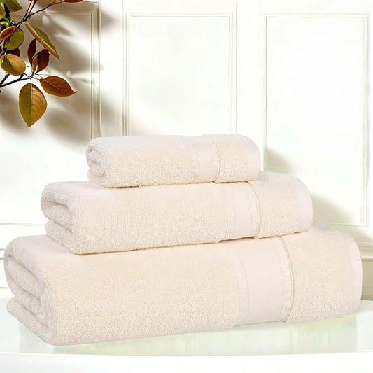Superior Belmont Zero Twist Cotton Medium Weight Towels, for Guest Bath, Bathroom, Shower, Spa, Plush, Quick Dry, Ultra-Soft Towels, Bath Essentials, Thick Border, 3 Piece Assorted Towel Set, Ivory