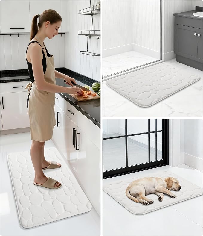 YIHOUSE Bath Mat, Memory Foam, Cobblestone, Bathroom Rugs, 20 x 32, White, Super Water Absorbent, Non-Slip, Machine Washable
