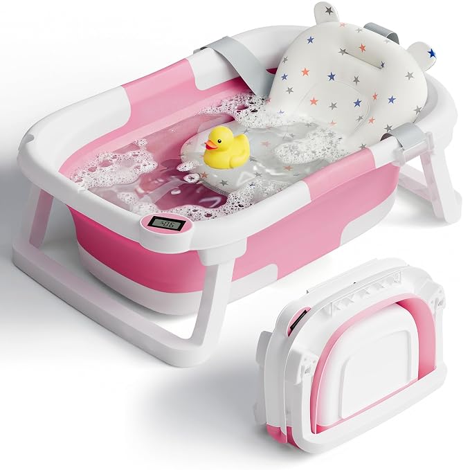 Collapsible Baby Bathtub for Newborn to Toddler, Foldable Infant Bath Tub with Real-Time Thermometer, Removable Soft Bath Cushion & Drain Plug, Portable Travel Newborn Tub, Dark Pink
