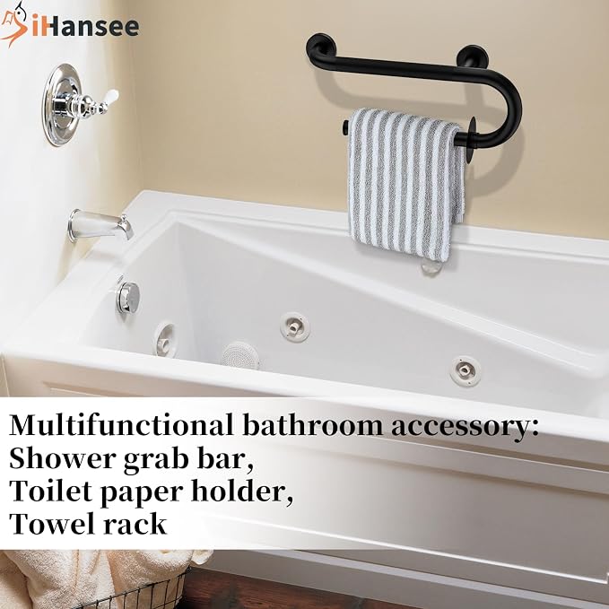 𝐔𝐩𝐠𝐫𝐚𝐝𝐞𝐝 Toilet Grab Bars 16 Inch - Toilet Paper Holder Grab Bar Stainless Steel Knurled Toilet Grab Bars for Seniors Bathtub Bathroom Rails for Elderly Bath Safety Balance Support, Black