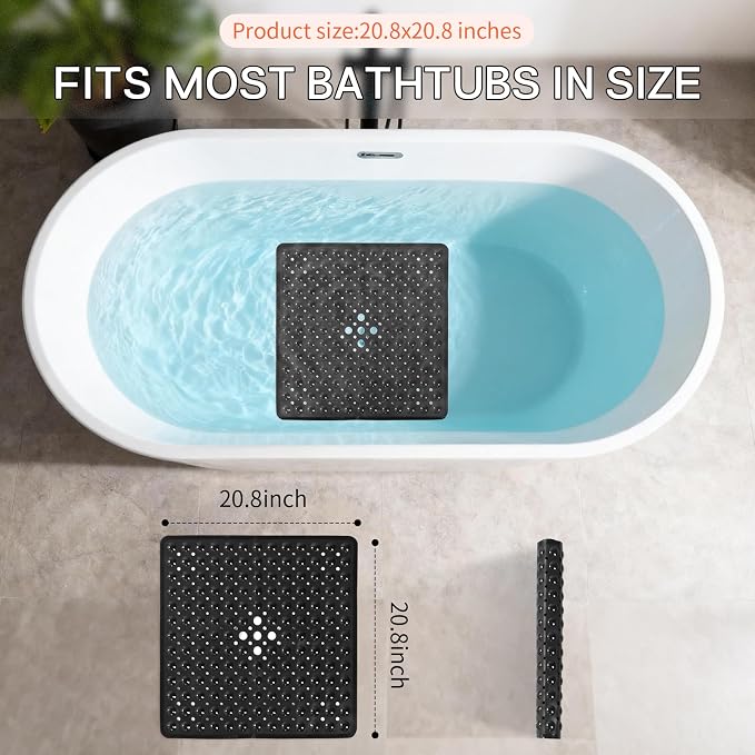 Anti-Slip Bathtub Shower mat, 21×21（ 53×53cm） inch Soft Oversized Machine Washable Non-Slip Bathtub mat with Drainage Holes, Bathroom Floor Suction Cup.（1-Opaque Black）