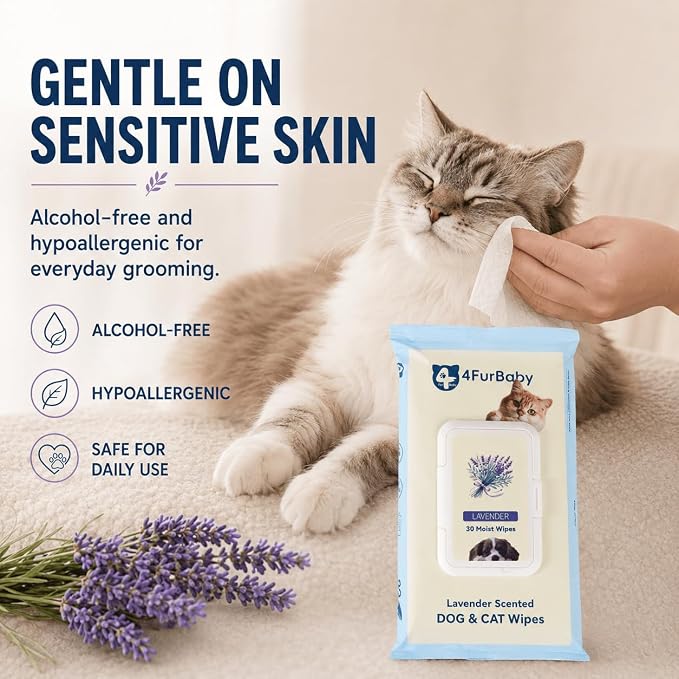 Dog Wipes for Paws and Butt, Lavender, 30 Count | 8" x 8" hypoallergenic and hydrating pet grooming wipes for dogs, cats, and daily care.
