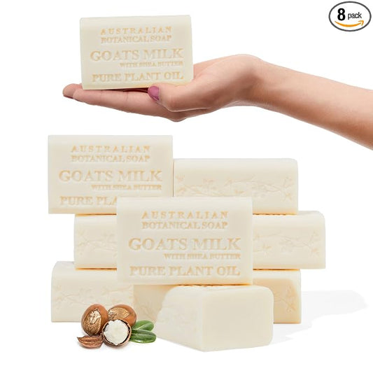 Australian Botanical Soap, Goat Milk Soap with Shea Butter, 6.6 oz. Bars, Triple Milled Body Cleanser, Made in Australia with African Shea Butter and Native Goat Milk, All Skin Types, Pack of 8