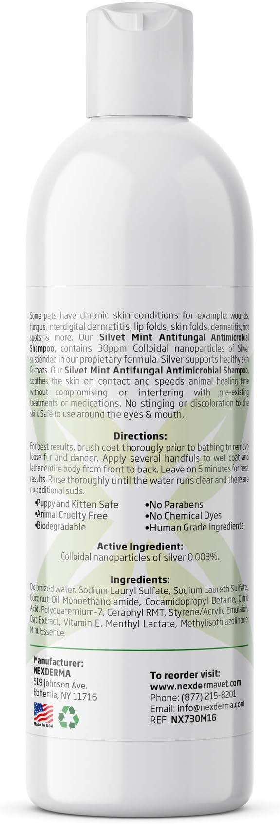 NEXDERMA Natural Colloidal Medicated Pet Shampoo for Dogs and Cats - Tearless Hypoallergenic, Soap Free with Coconut Oil and Mint, Relief for Allergies, Odor, Itchy, Dry, Irritated Skin - 16oz, 1Pack