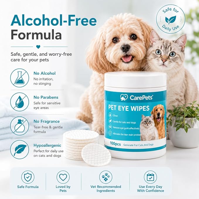 Eye Wipes, 100 Count Pet Tear Stain Cleaning Pads for Dogs and Cats, Gentle Textured Eye Area Wipes with Aloe Vera and Chamomile, Fragrance Free (3) | Gentle Textured Eye Wipes