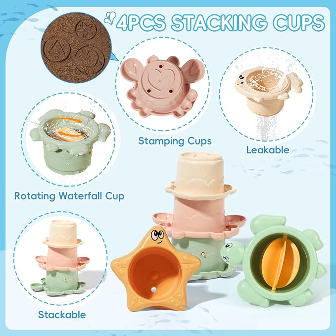 Baby Bath Toys for Kids Ages 1-3, 16PCS Mold Free Bath Toys for Toddler 2-4 & Babies 6-12-18 Months Bath Cups Watering Can Montessori Bathtub Beach Pool Water Table Toys for 1+ Years Old