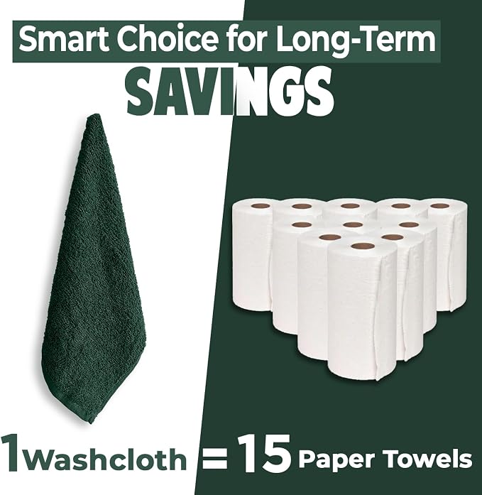 DAN RIVER 12 Pack Wash Cloths for Showering [12x12] - 100% Cotton Washcloths Premium Quality Flannel Face Cloths for Bathroom, Highly Absorbent and Soft Feel Wash Clothes, Hunter Green