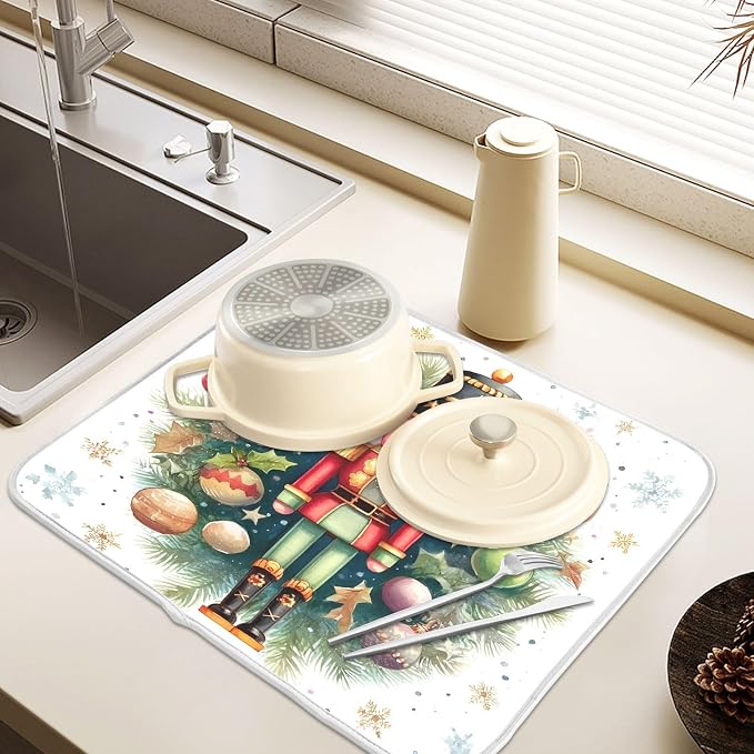 Watercolor Nutcracker Dish Drying Mat, Absorbent Drainer Mats for Kitchen Counter Coffee Maker 24"x18"