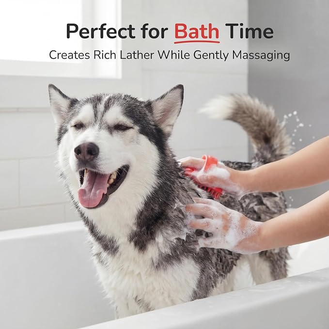 Pets&Goods Rubber Pet Grooming Brush for Dogs & Cats – Bath & Deshedding Brush with Custom-Fit Hand Straps – Soft Silicone Bristles for Short & Medium Hair – Anti-Slip, Easy to Clean
