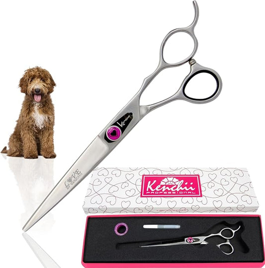 Kenchii Love Dog Grooming Scissors, 7 Inch Straight Shears, Dog Scissors for Grooming, Professional Pet Grooming Scissors, Heavy Duty, Durable and Sharp