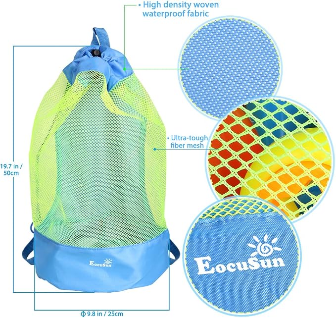 EocuSun Large Mesh Beach Bag Tote Durable Sand Away Drawstring Beach Backpack Swim and Pool Toys Balls Storage Bags Packs, Stay Away from Sand and Water, Toy Not Included