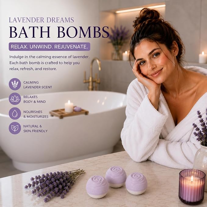 EvolutionUSA 3 Lavender Dreams Bath Bombs for Women – Organic Flower Bath Bombs, Soft Lavender Bath Fizzers, Womens Bath Gift Valentines or Easter, Beautiful Bath for Girls, Mothers Day
