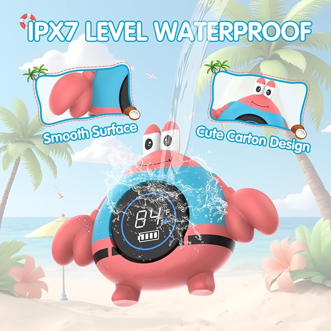 BabyElf Rechargeable Baby Bath Thermometer – Floating Crab Water Temperature Thermometer for Baby Bath, Automatic Sensing, Hot & Cold Alert, Waterproof Bathtub Thermometer for Newborns