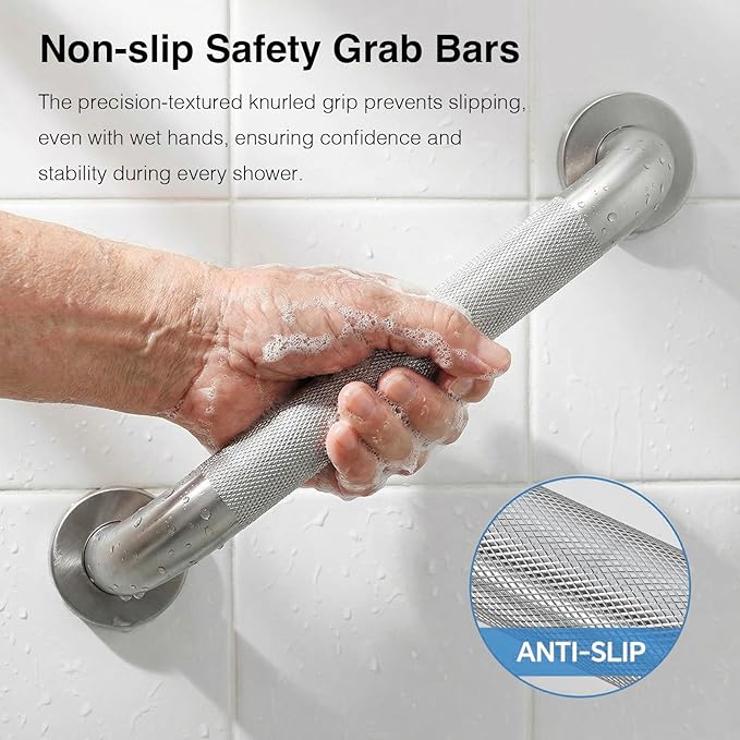 12 Inch Shower Grab Bars for Seniors 1.25'' Brushed Nickel Stainless Steel Grab Bar for Bathroom, Non Slip Knurled Safety Handrail for Bathtub Toilet Wall, Gifts for Elderly and Handicapped
